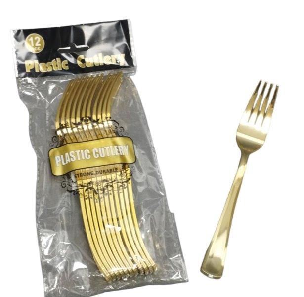 TENEDOR PLASTICO DORADO (12PCS)