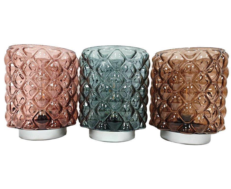 LAMPARAS DE MESA 14.5 X18 CM ROSADO/ GRIS, AZUL / GRIS, CHOCOLATE / GRIS C/ DISEÑOS CUADROS